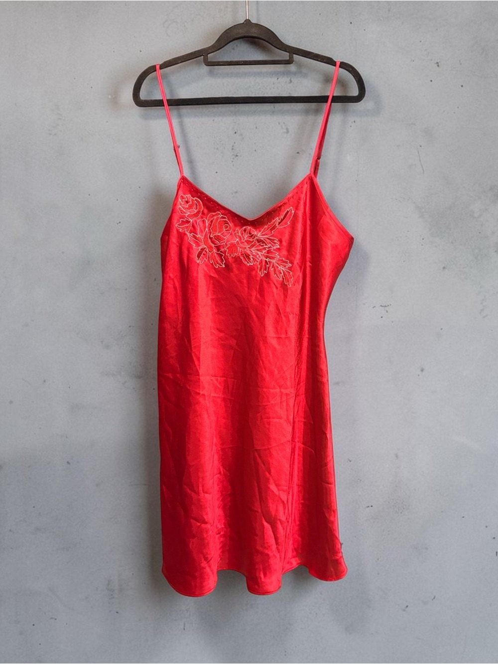 Morgan Taylor Red Satin Floral-Embroidered Slip